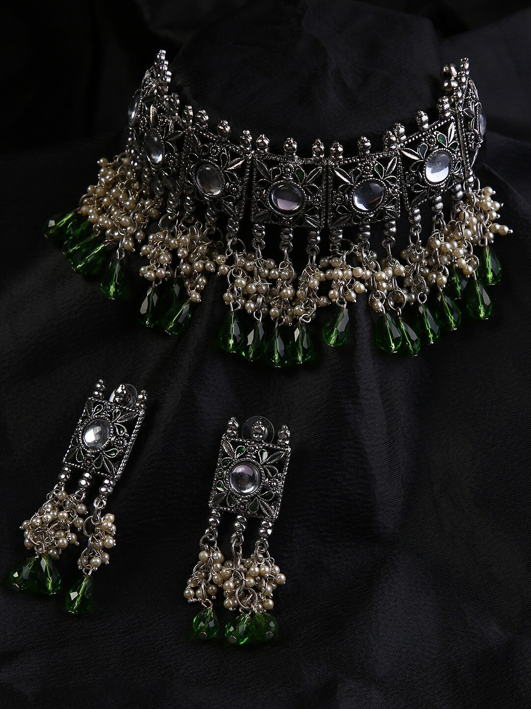 

justpeachy Oxidised Silver-Plated Green & White Stone Studded & Beaded Jewellery Set
