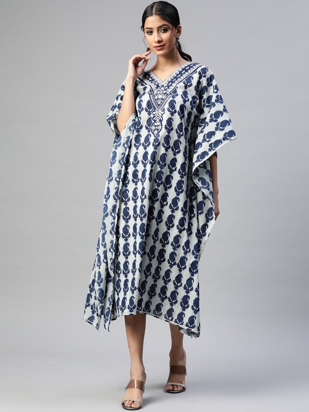 Readiprint Fashions White & Blue Ethnic Motifs Kaftan Midi Dress