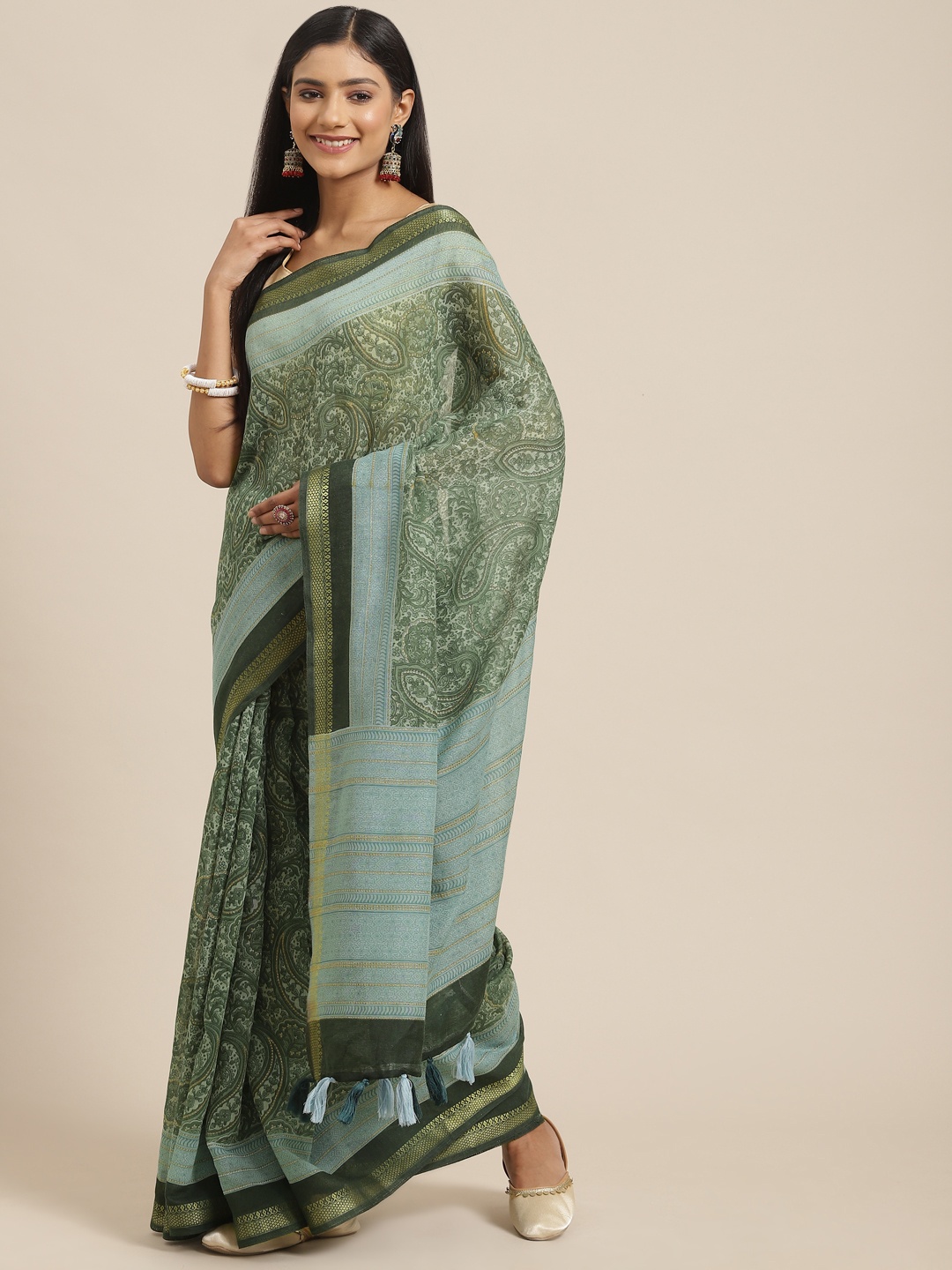 

Triveni Green Ethnic Motifs Zari Pure Cotton Saree