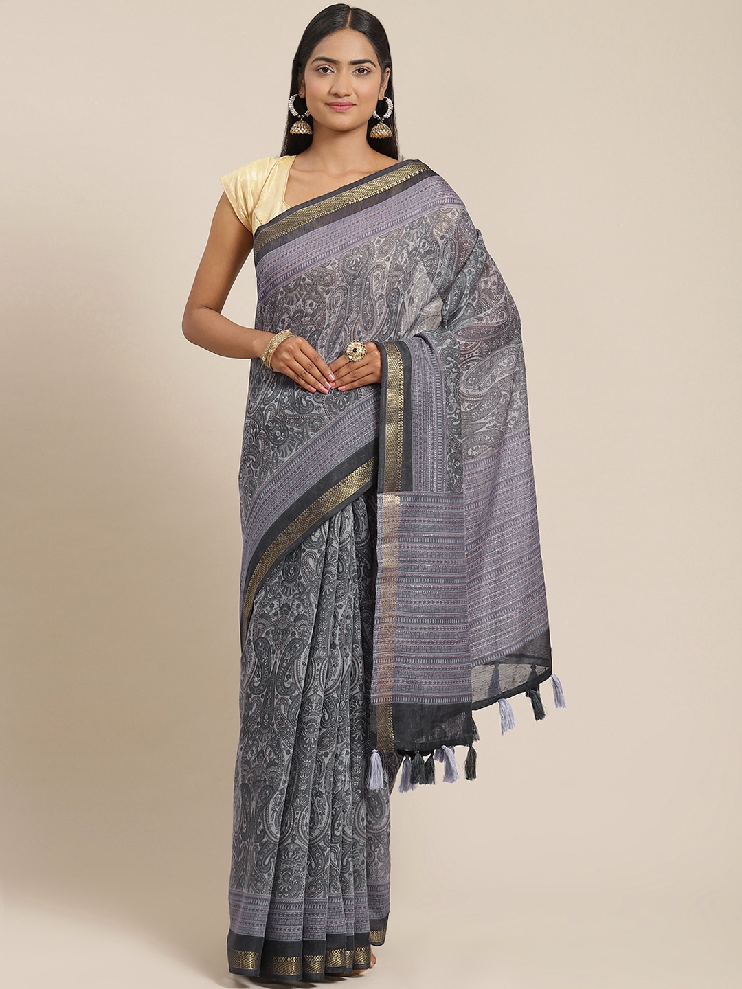 

Triveni Blue & Grey Printed Zari Pure Cotton Saree