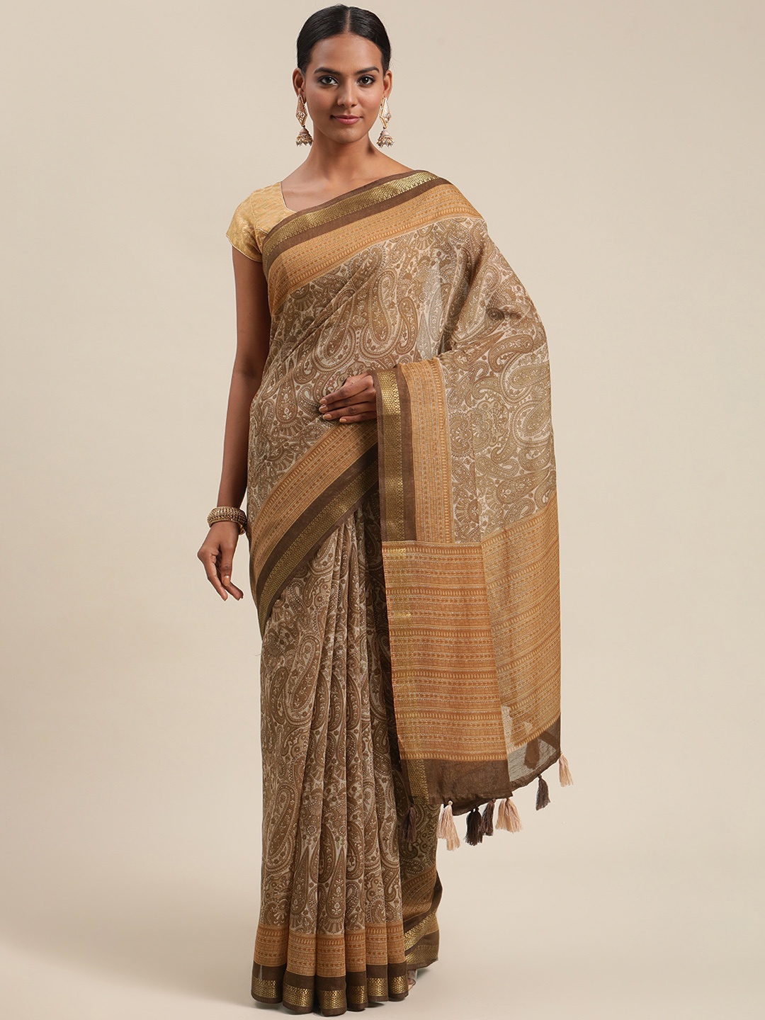 

Triveni Brown Ethnic Motifs Zari Pure Cotton Saree