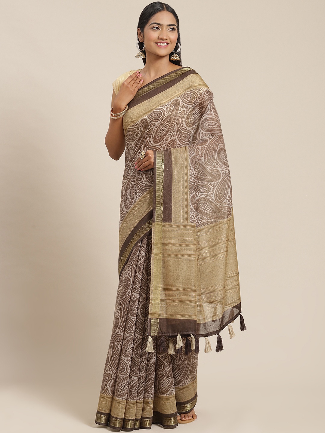 

Triveni Beige & Brown Ethnic Motifs Printed Zari Pure Cotton Saree