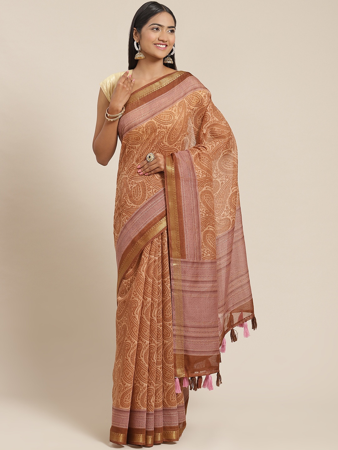 

Triveni Orange & Brown Ethnic Motifs Printed Zari Pure Cotton Saree