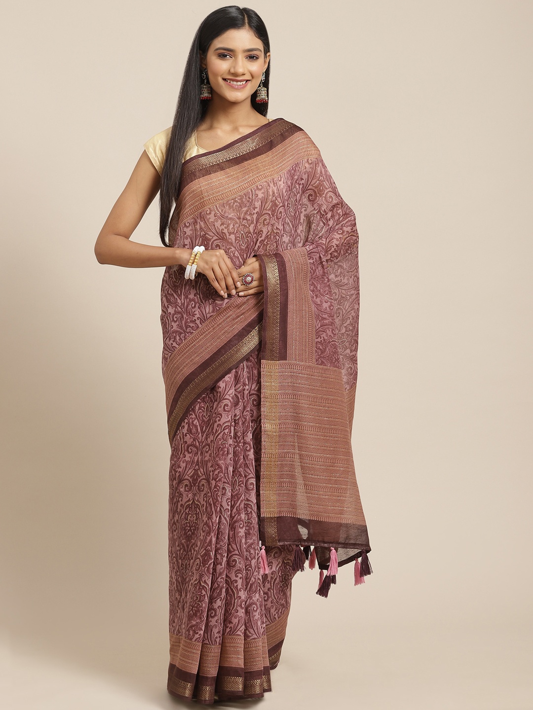 

Triveni Purple & Gold-Toned Printed Zari Pure Cotton Saree