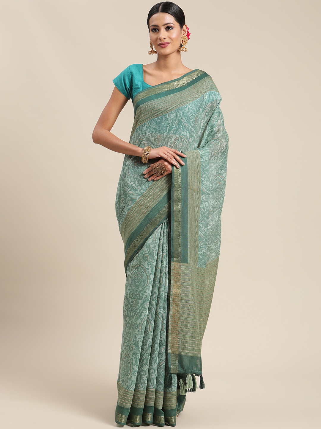 

Triveni Green Ethnic Motifs Zari Pure Cotton Saree