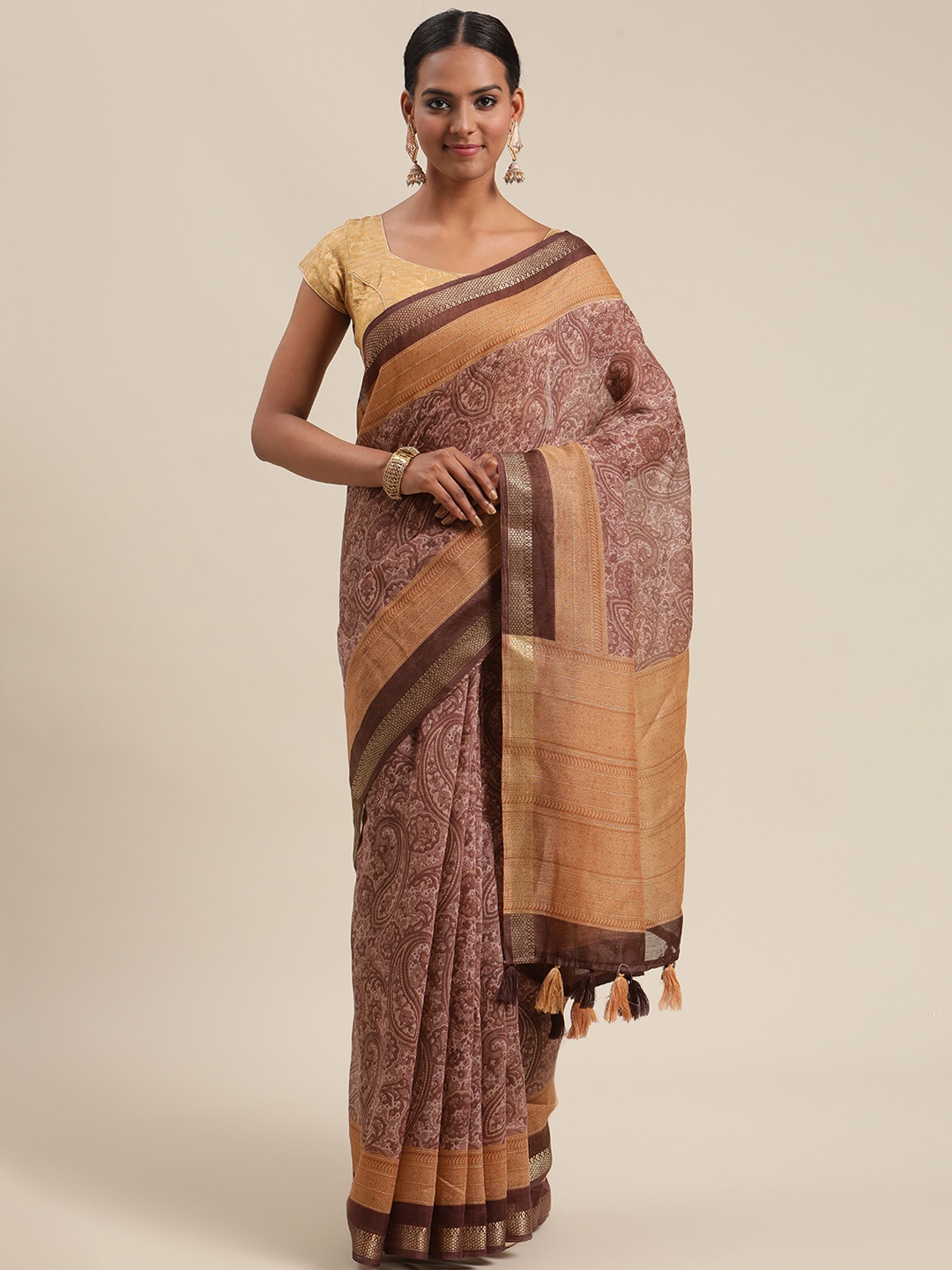 

Triveni Maroon Ethnic Motifs Zari Pure Cotton Saree