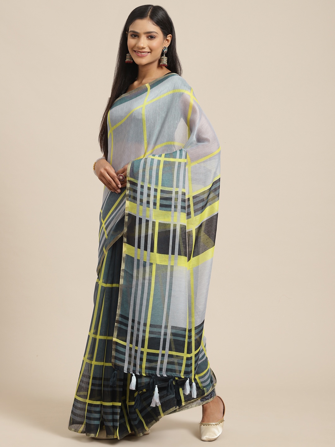 

Triveni Grey & Yellow Striped Zari Pure Cotton Saree