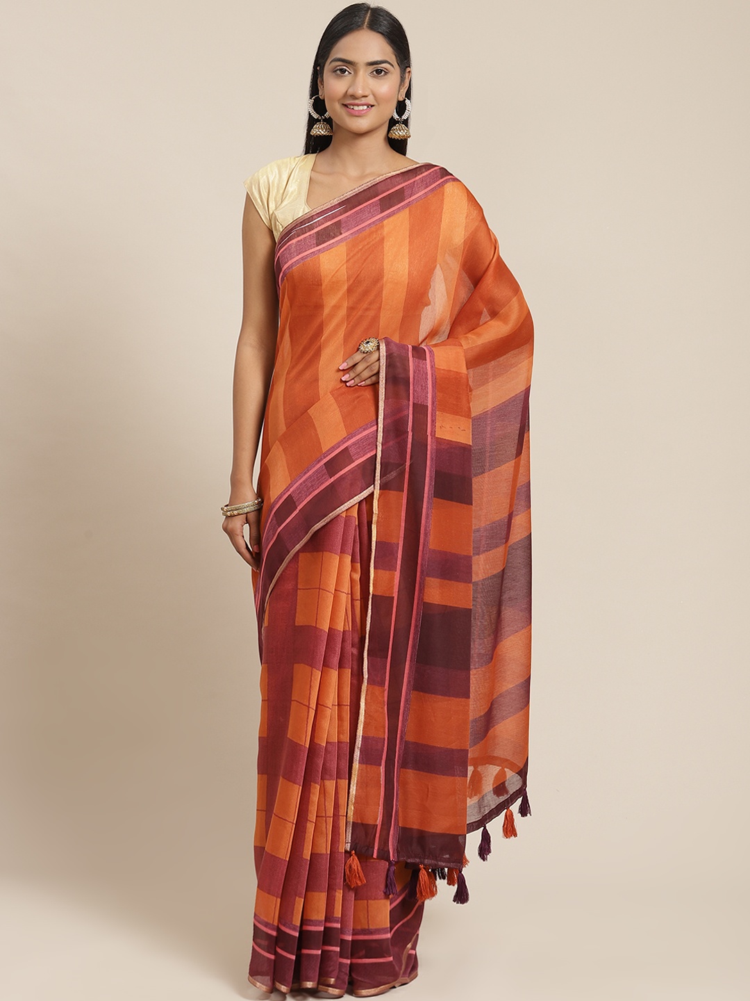 

Triveni Orange & Burgundy Striped Zari Pure Cotton Saree