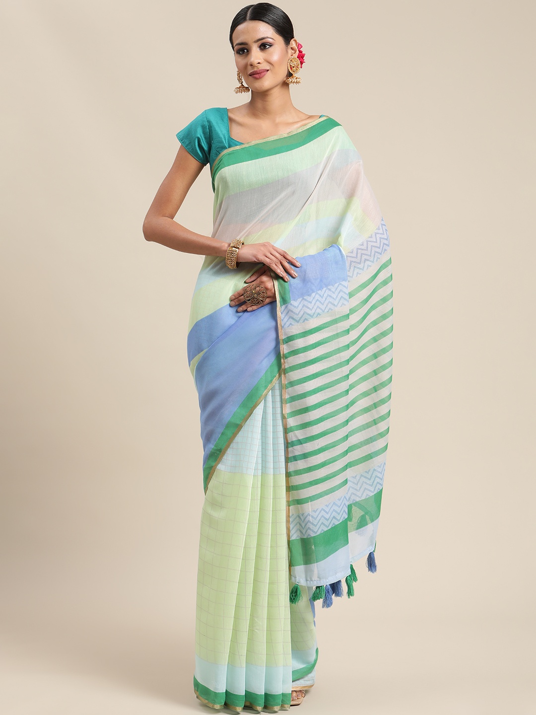

Triveni Blue & Green Checked Pure Cotton Saree