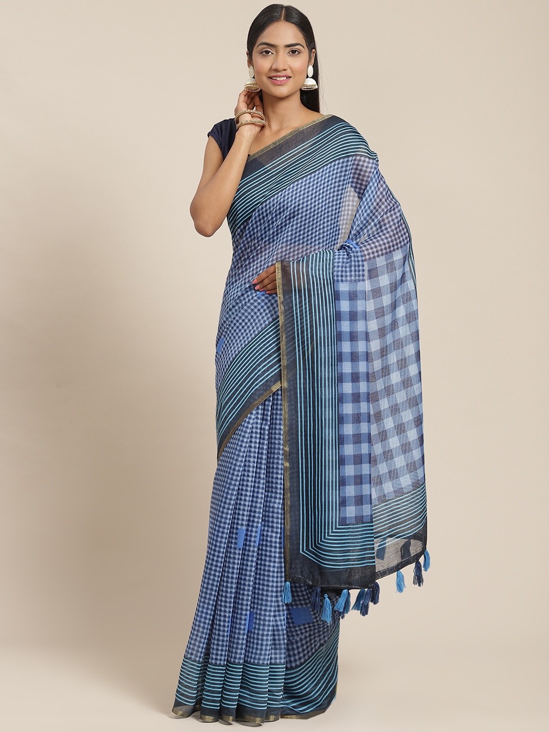 

Triveni Blue Checked Zari Pure Cotton Saree