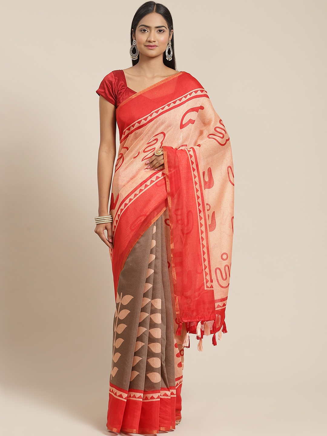 

Triveni Brown & Red Printed Pure Cotton Saree