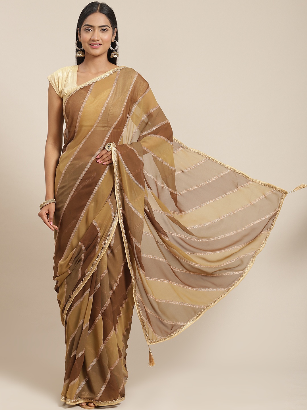 

Triveni Olive Green & Brown Embellished Gotta Patti Pure Georgette Leheriya Saree