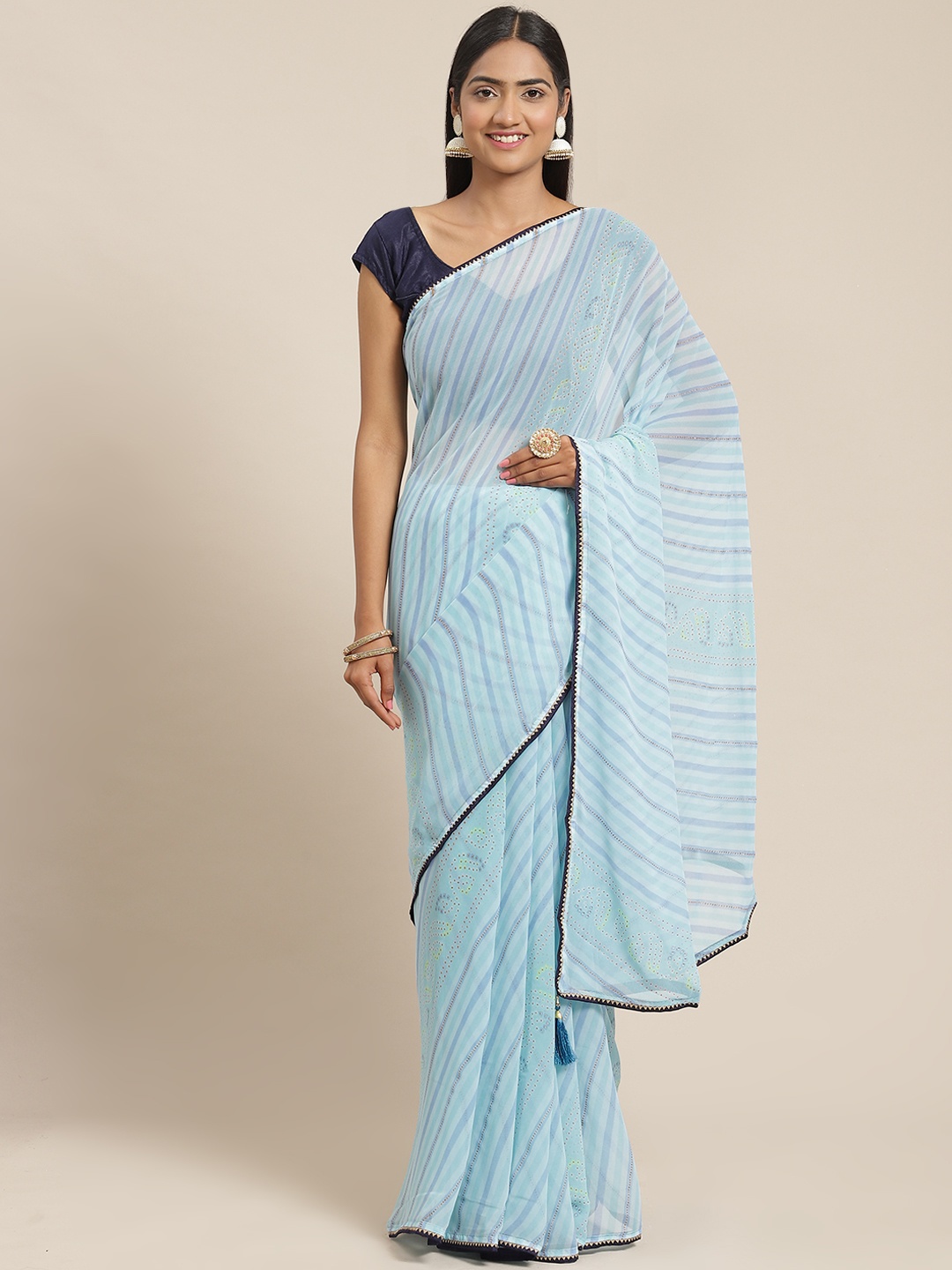 

Triveni Blue Gotta Patti Embellished Pure Georgette Leheriya Saree