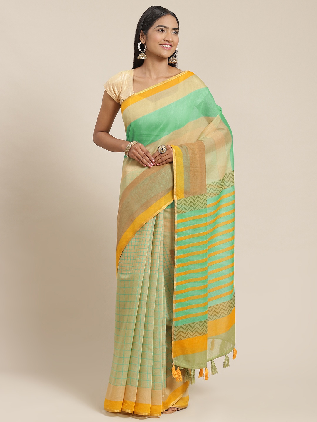 

Triveni Green & Yellow Checked Zari Pure Cotton Saree