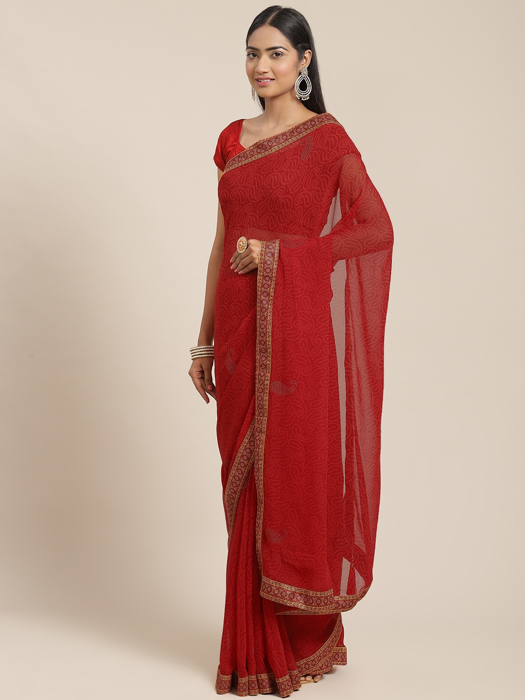 

Triveni Red Bandhani Zari Pure Georgette Bandhani Saree