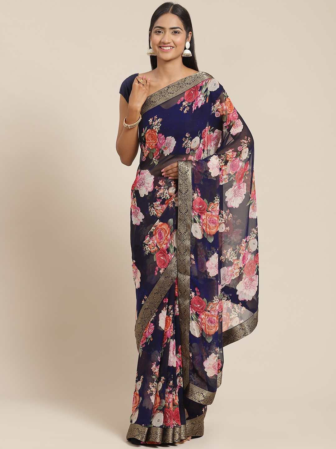 

Triveni Navy Blue & Pink Floral Pure Georgette Saree