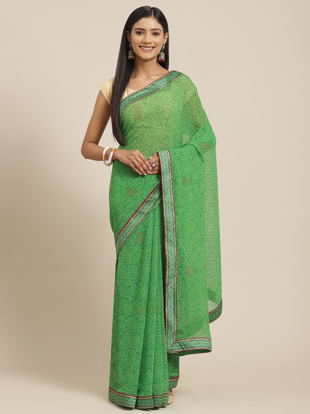 

Triveni Green Bandhani Zari Pure Georgette Bandhani Saree