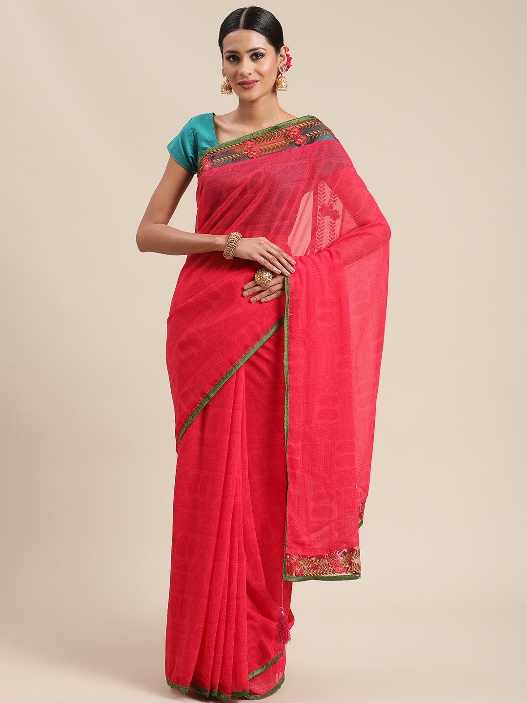 

Triveni Pink Ethnic Motifs Pure Georgette Saree