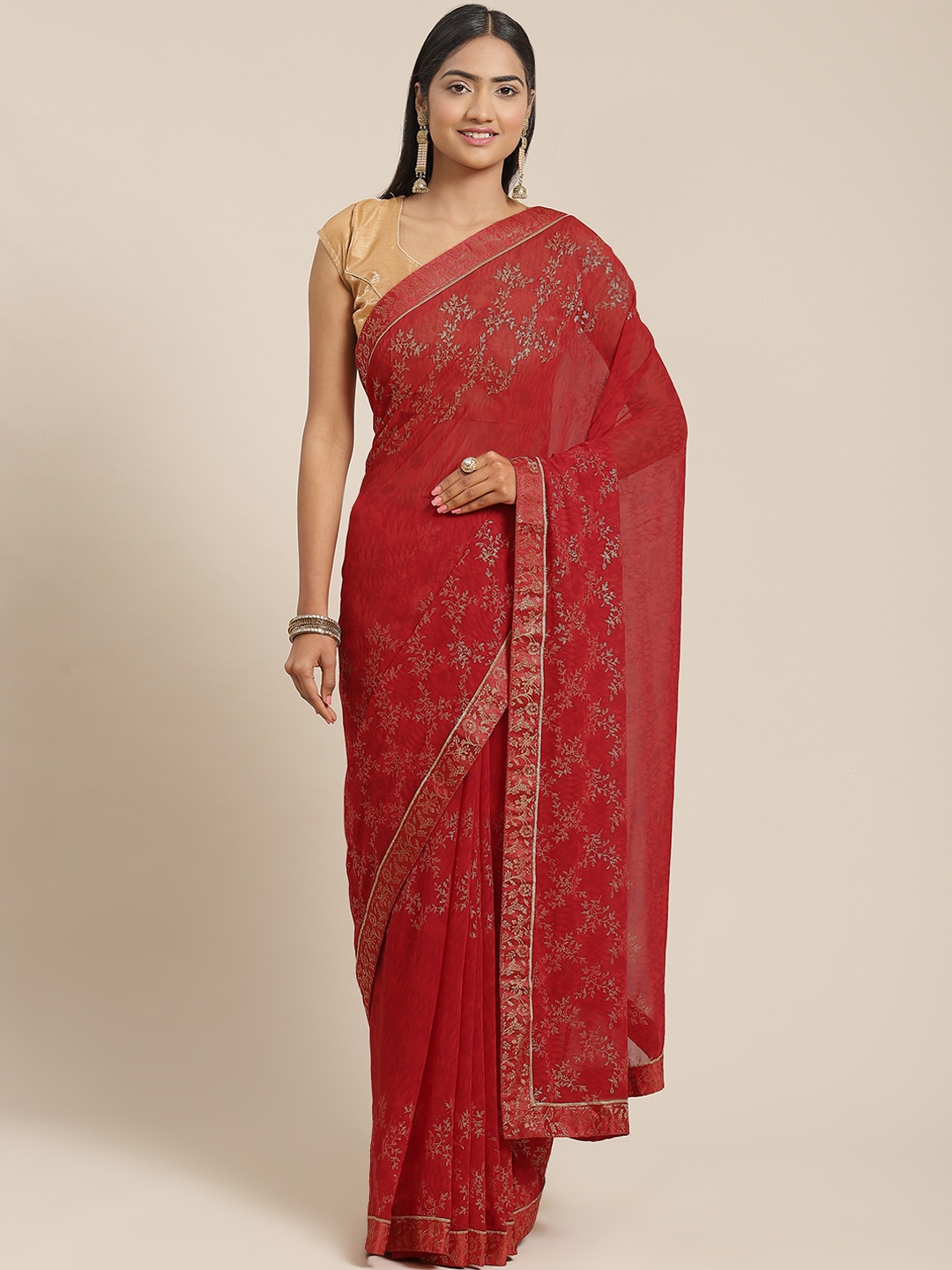 

Triveni Red Floral Zari Pure Georgette Saree