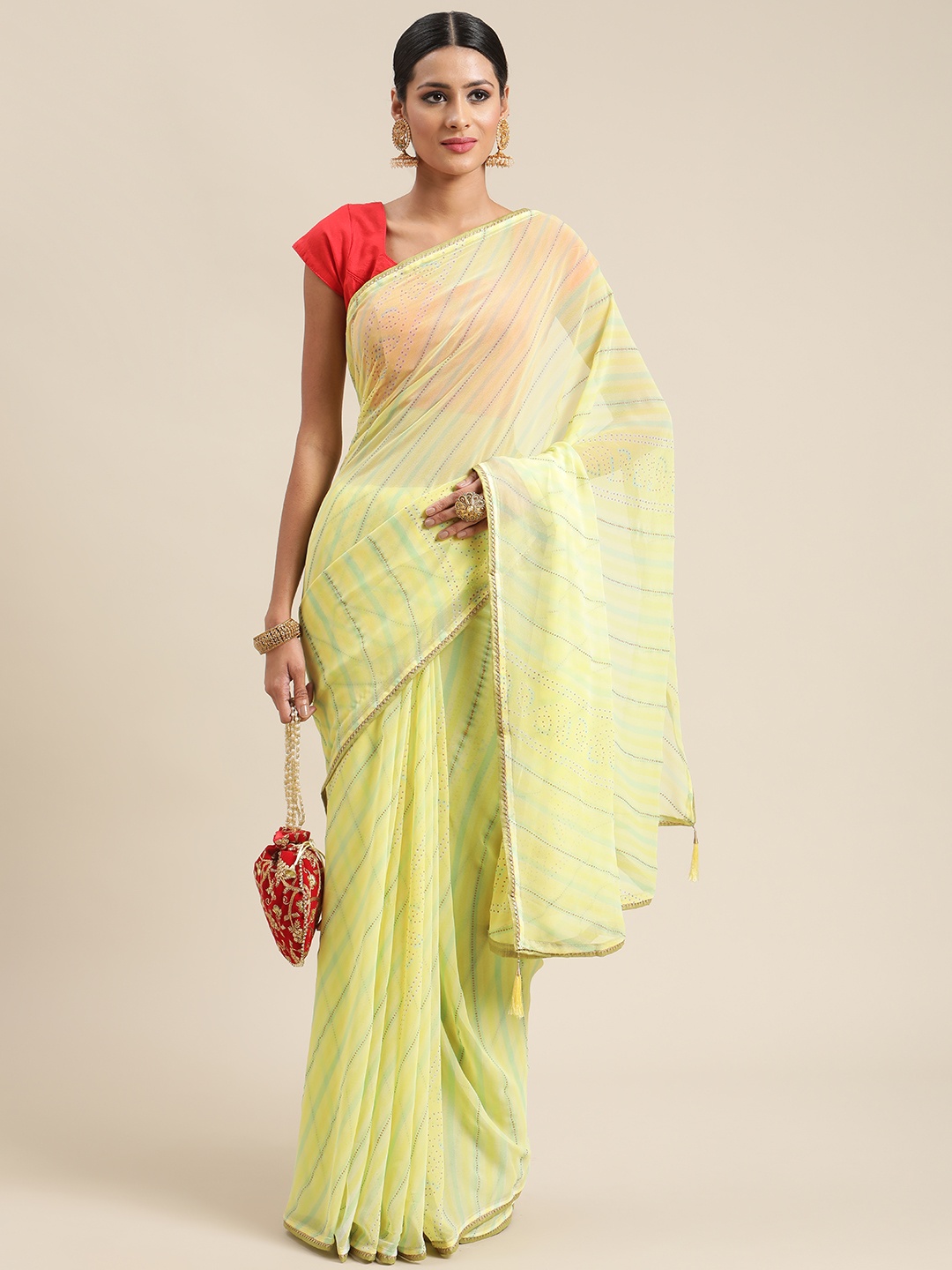 

Triveni Lime Green Striped Pure Georgette Leheriya Saree