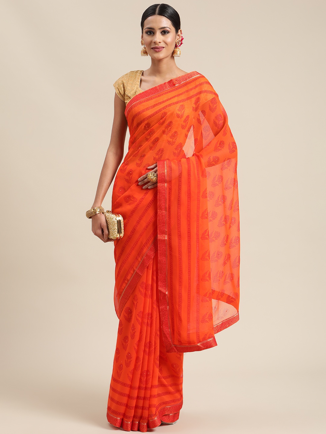 

Triveni Orange Floral Zari Pure Chiffon Saree