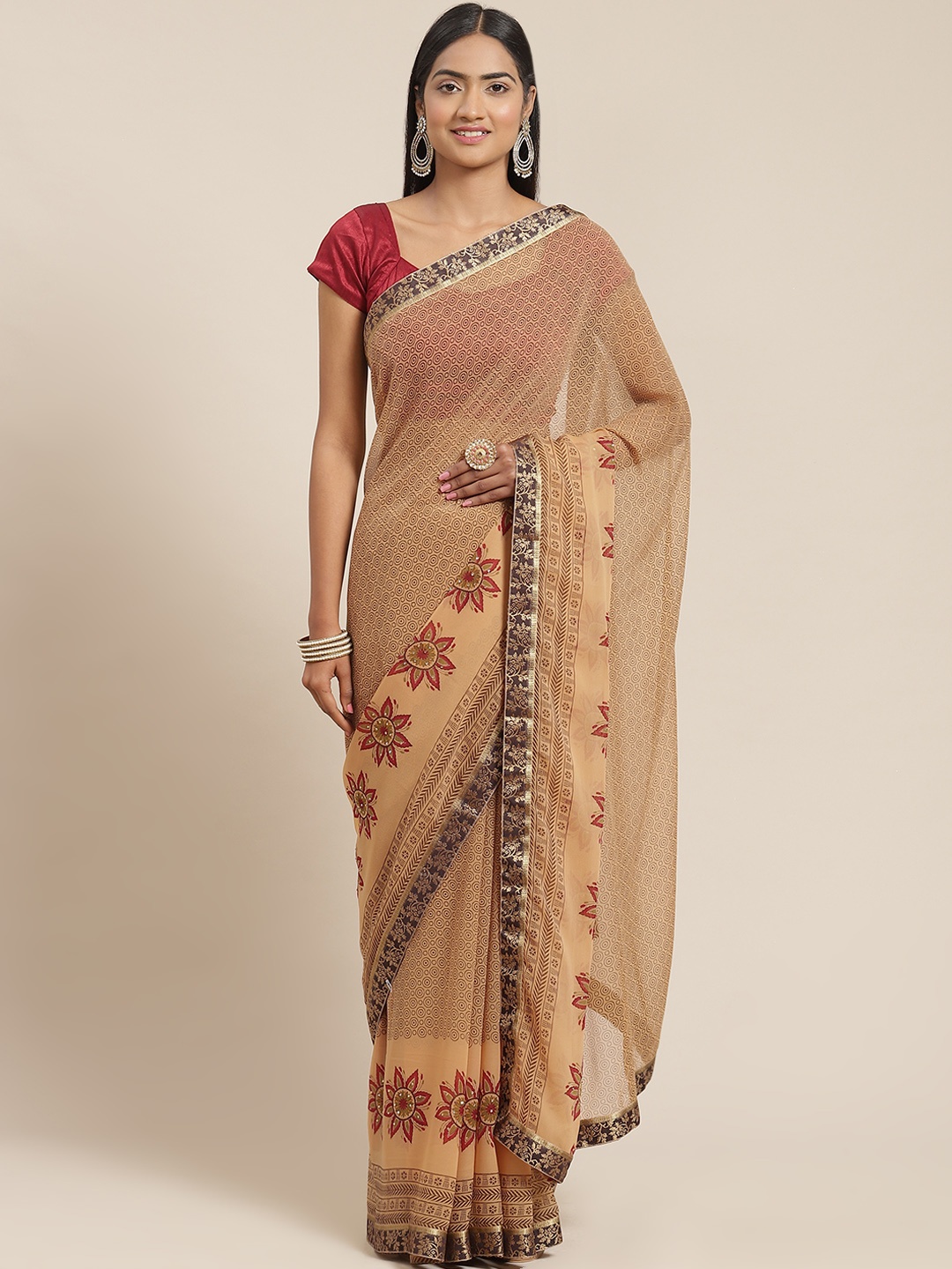 

Triveni Beige & Brown Zari Pure Georgette Saree