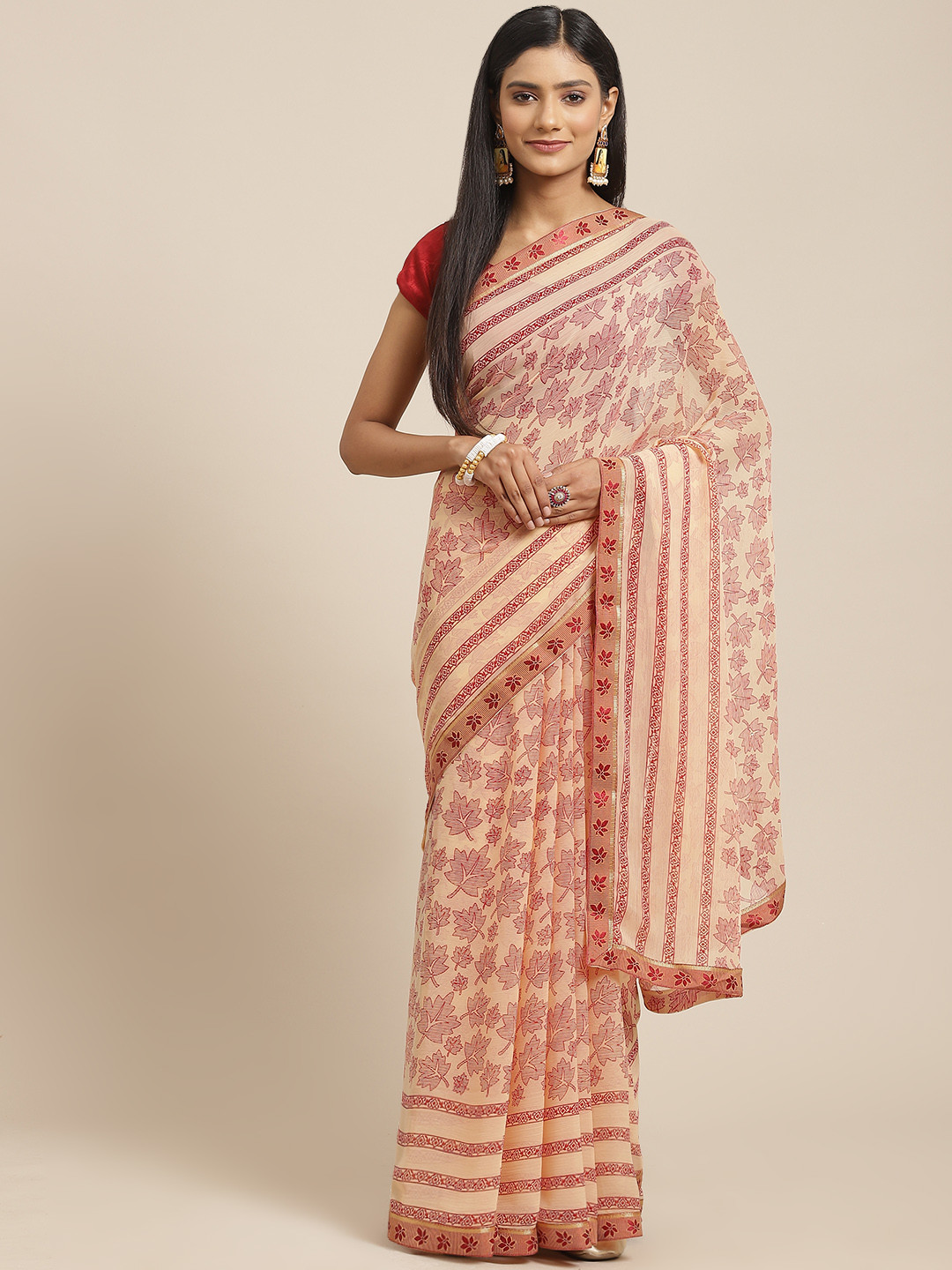 

Triveni Beige Ethnic Motifs Pure Chiffon Saree