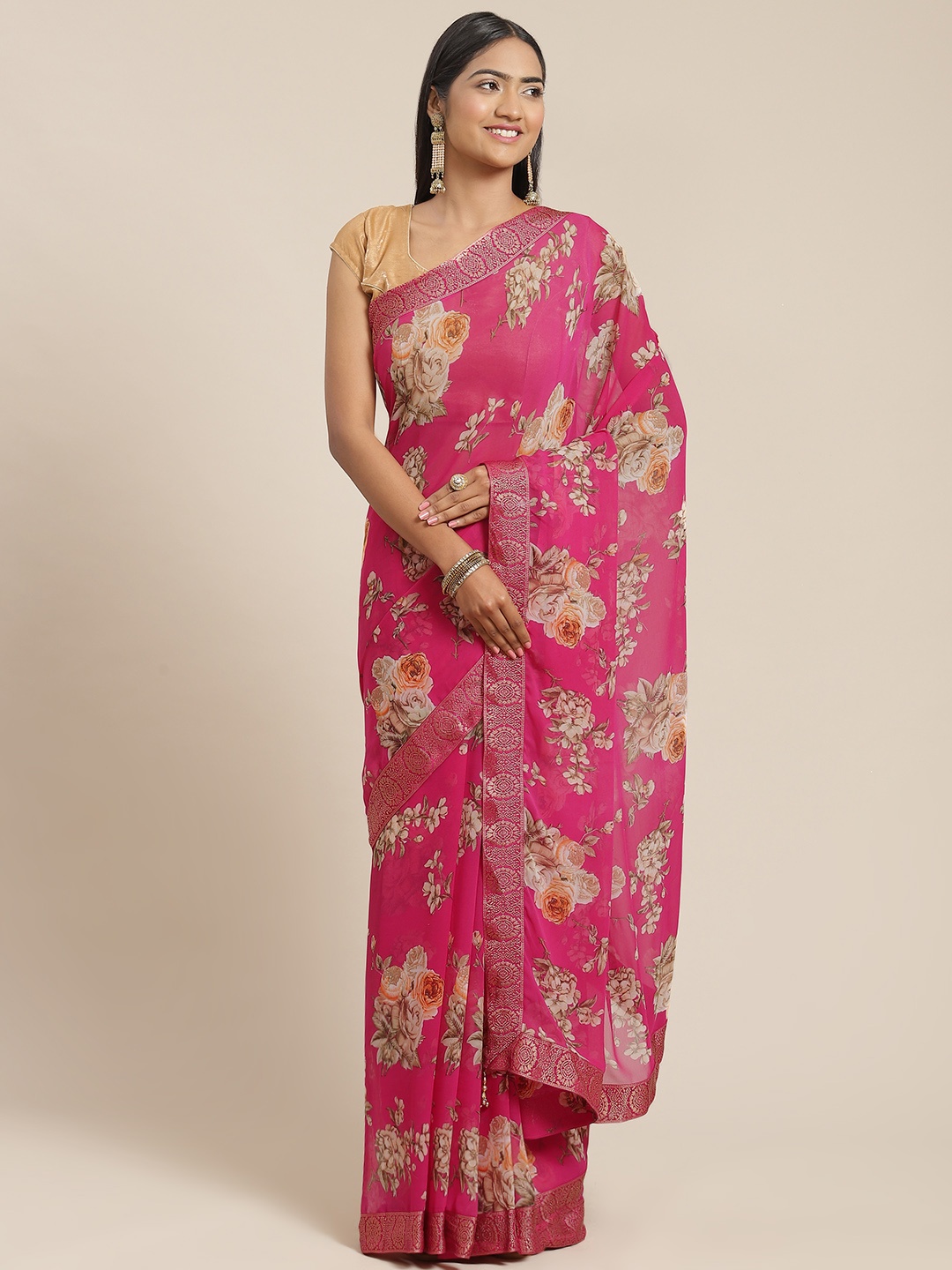 

Triveni Pink Floral Pure Georgette Saree