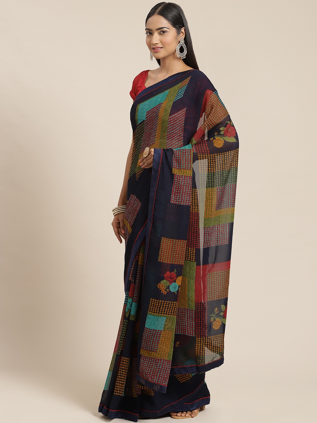 

Triveni Navy Blue & Multicoloured Printed Saree