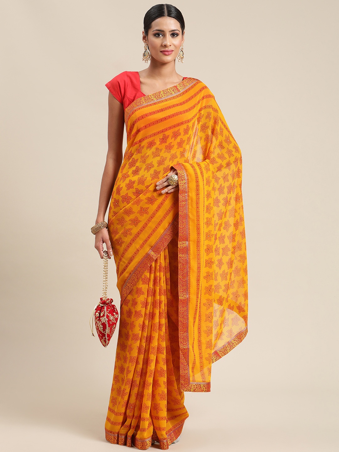 

Triveni Yellow Floral Sequinned Pure Chiffon Saree