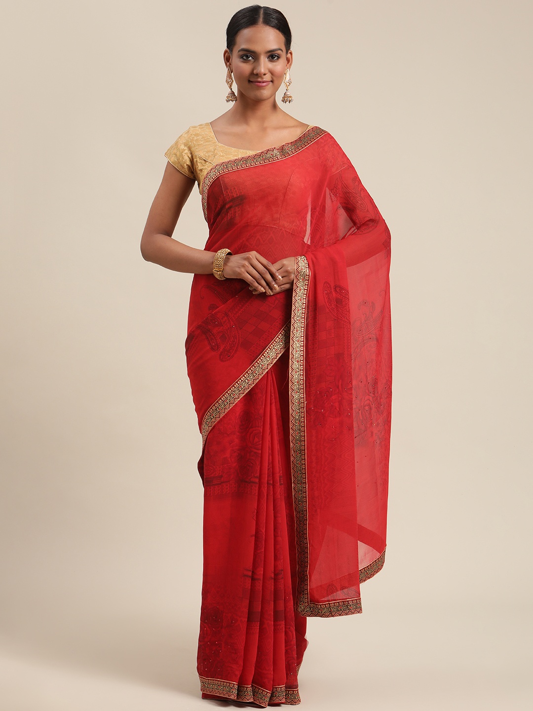 

Triveni Red Floral Zari Pure Georgette Saree