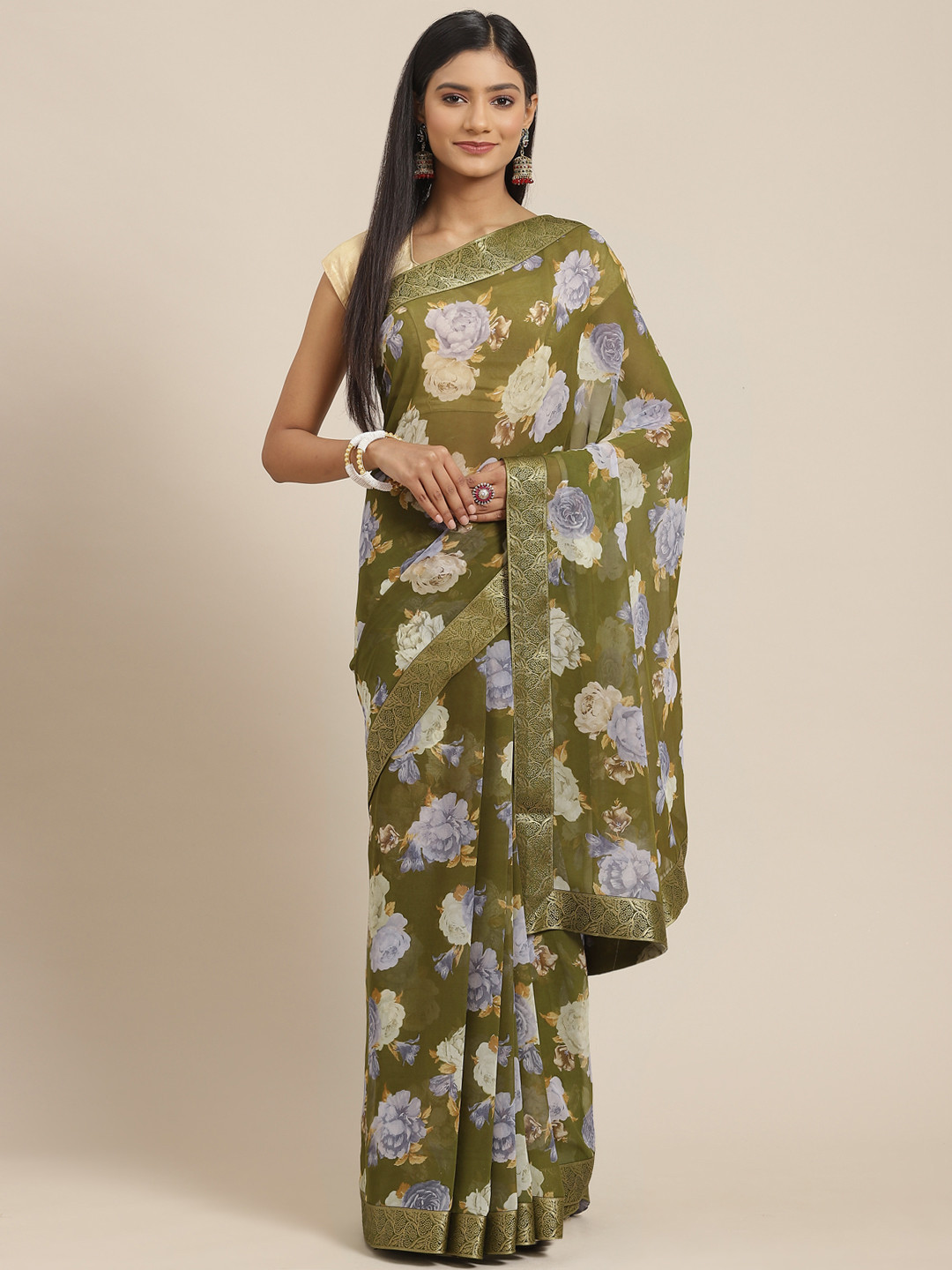 

Triveni Olive Green & Blue Floral Printed Pure Georgette Saree