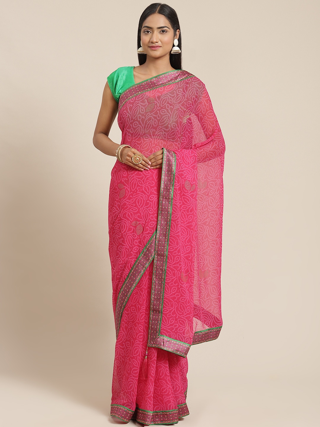 

Triveni Pink Bandhani Zari Pure Georgette Bandhani Saree