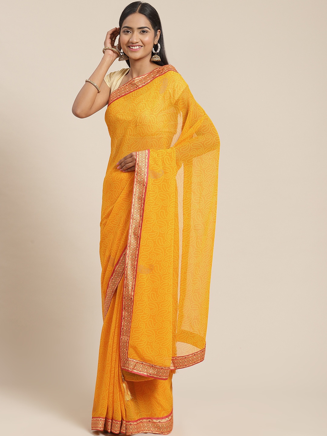 

Triveni Yellow Bandhani Printed Zari Pure Georgette Bandhani Saree