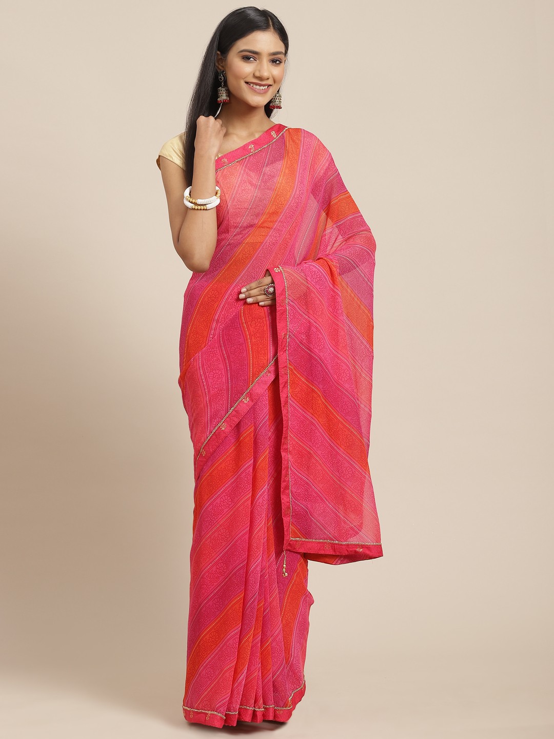 

Triveni Pink & Orange Floral Printed Zari Pure Georgette Saree