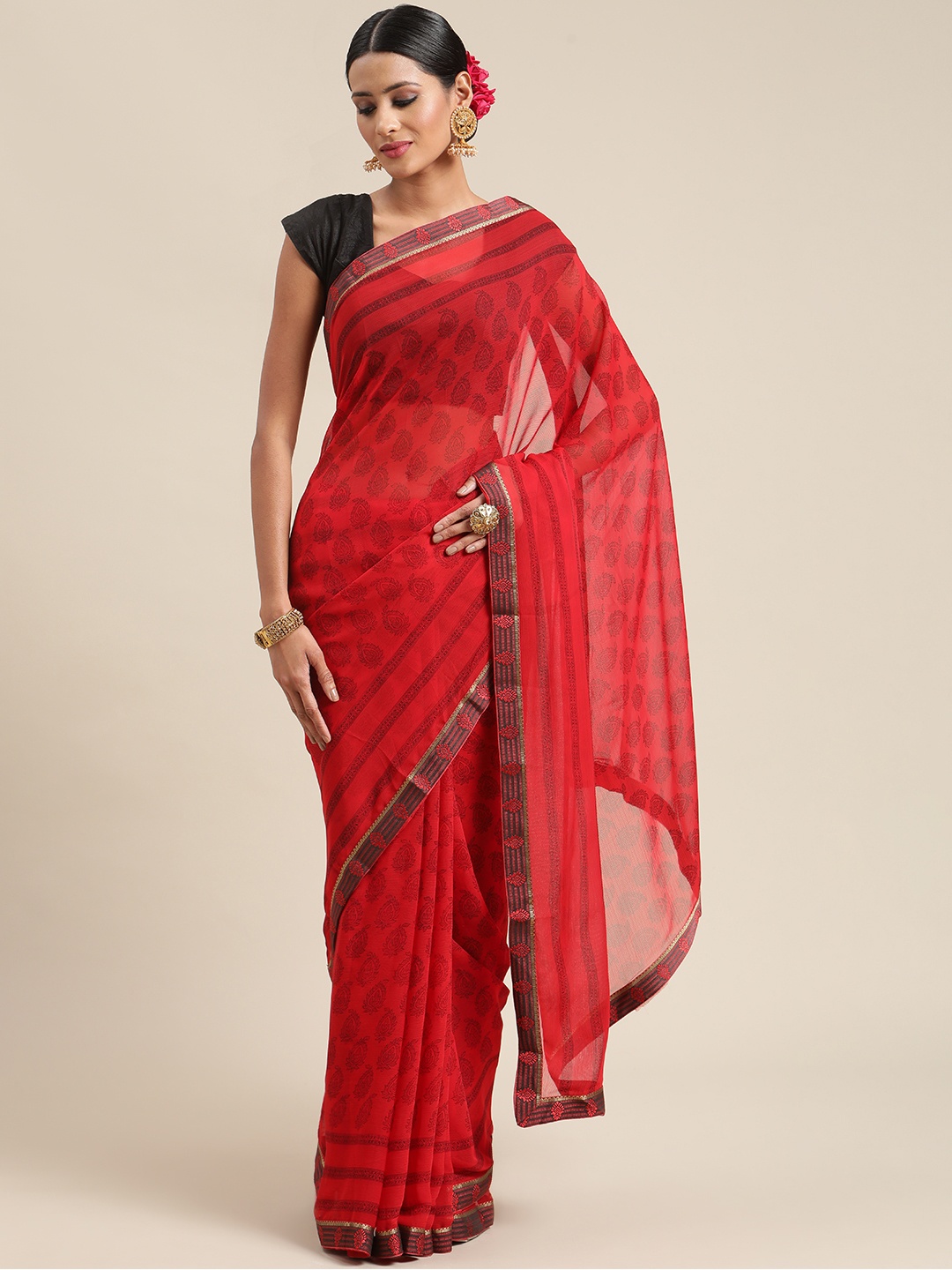 

Triveni Red Ethnic Motifs Zari Pure Chiffon Saree