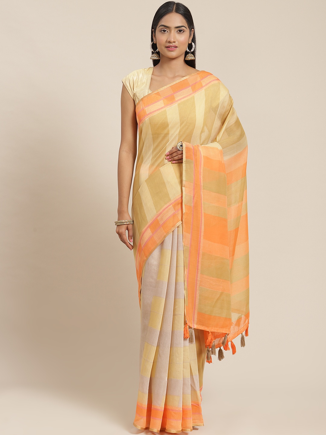 

Triveni Brown & Beige Striped Zari Pure Cotton Saree