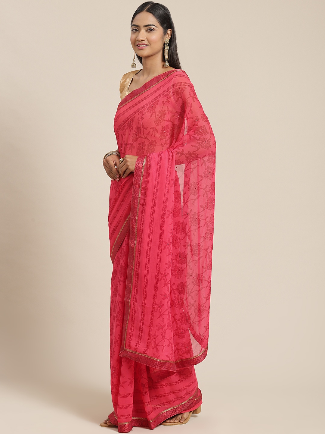 

Triveni Pink Printed Beads and Stones Embellished Pure Chiffon Saree