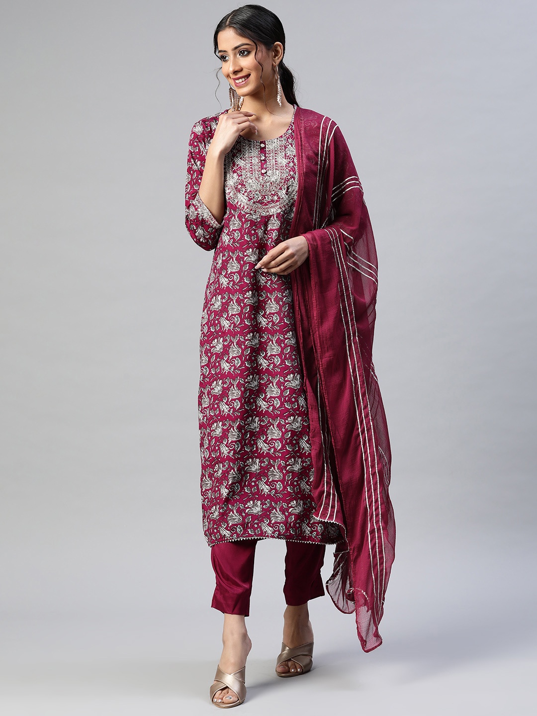 

Readiprint Fashions Women Burgundy Floral Embroidered Kurta with Trousers & Dupatta