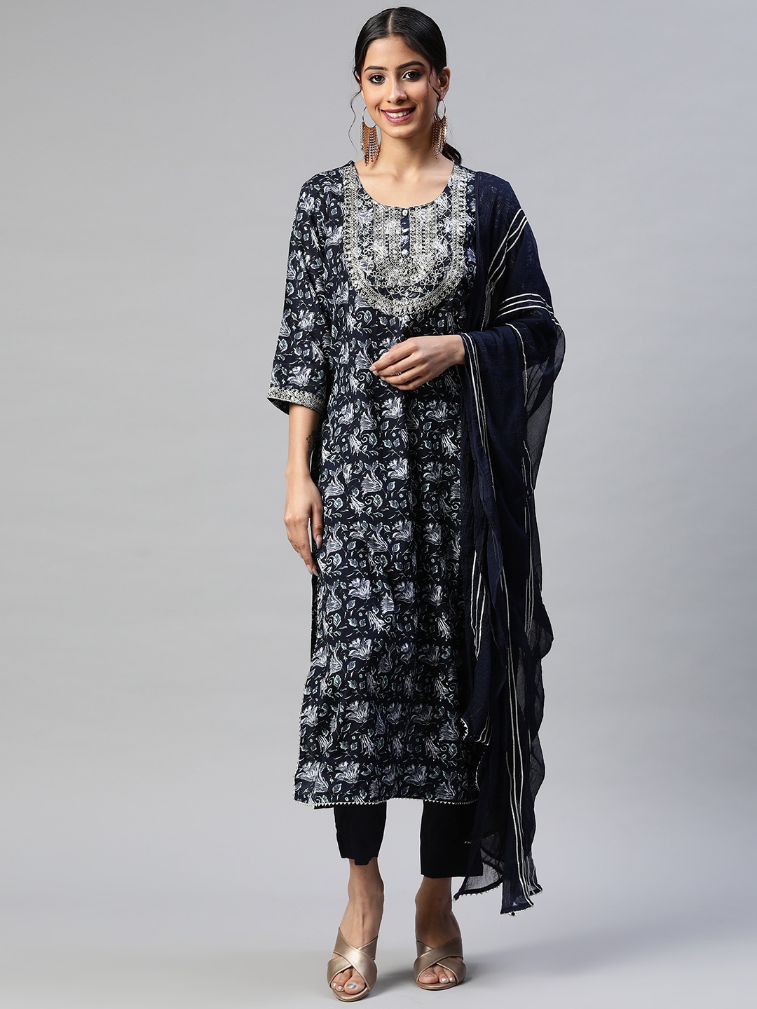 

Readiprint Fashions Women Navy Blue Floral Embroidered Kurta with Trousers & Dupatta