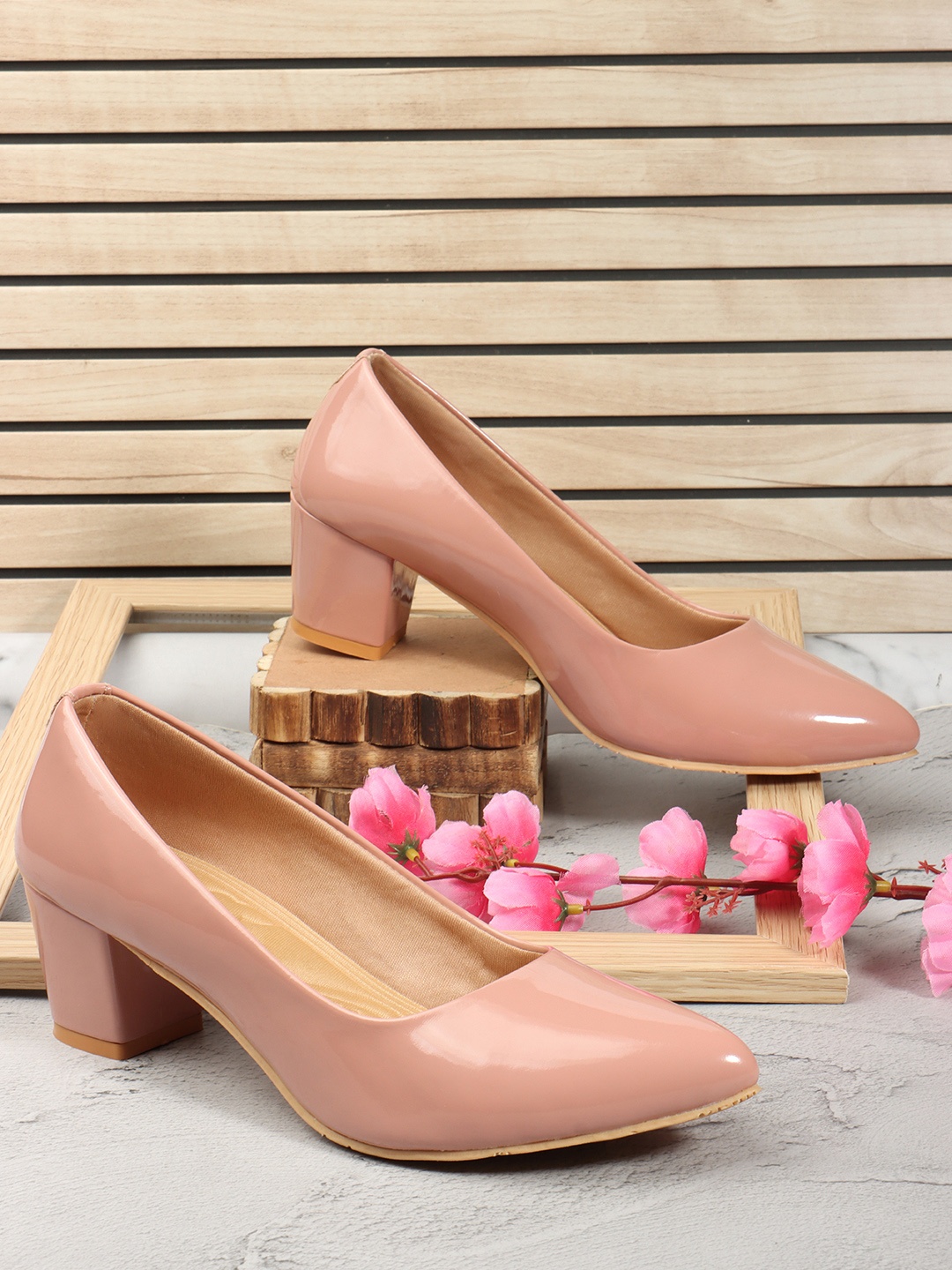 

Denill Peach-Coloured Block Pumps