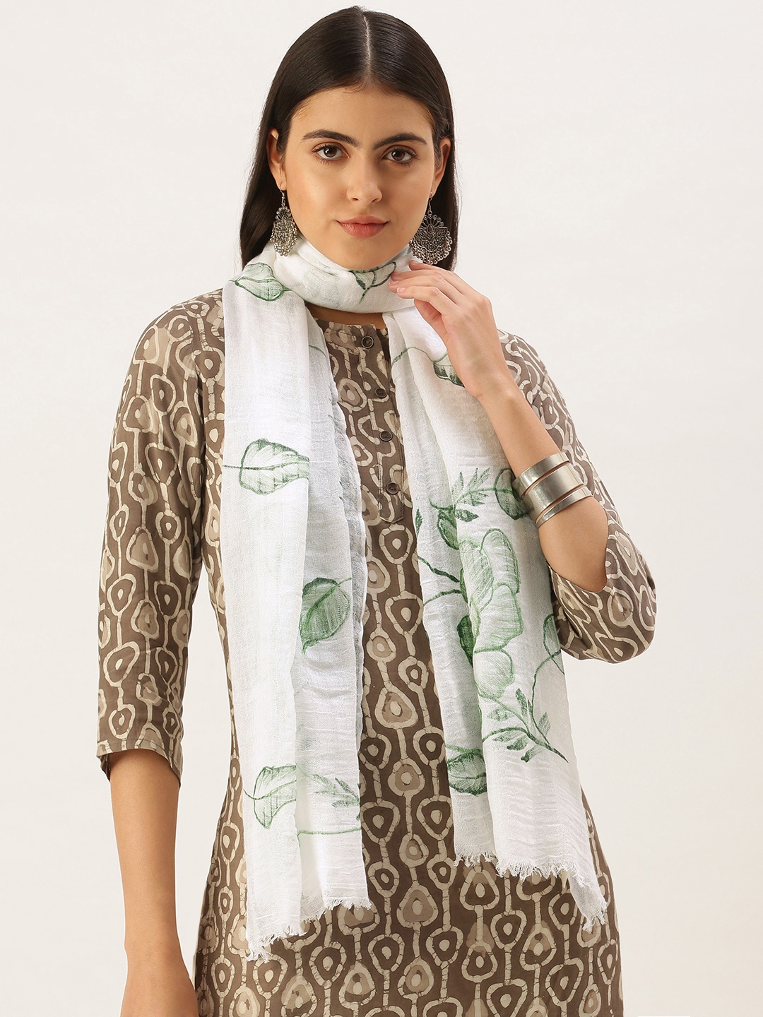 

ASVA Women White & Green Printed Linen Stole