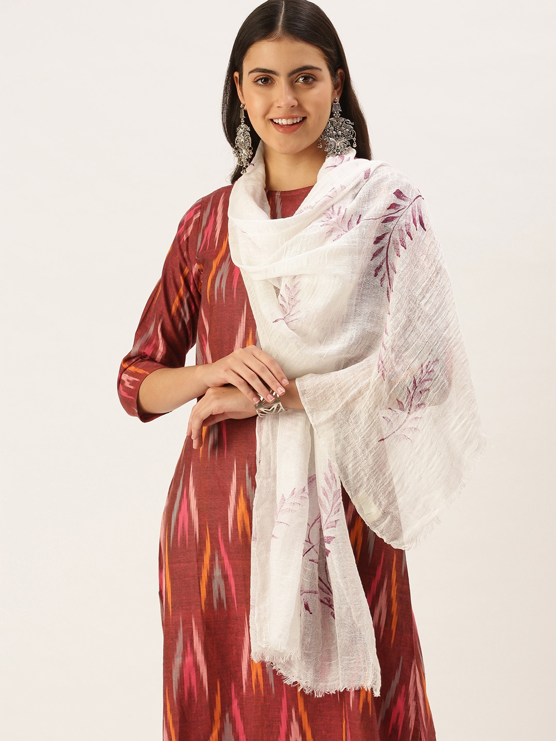 

ASVA Women White & Burgundy Printed Linen Stole