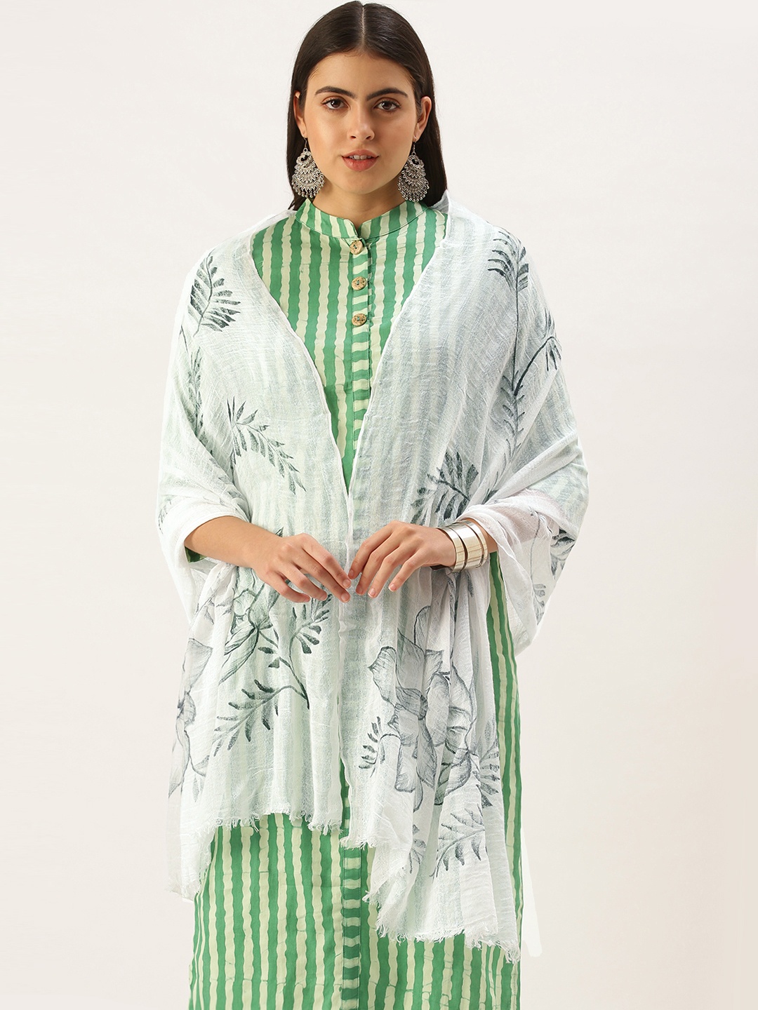 

ASVA Women White & Green Printed Linen Stole