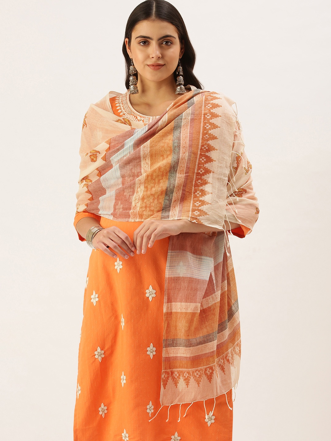 

ASVA Women White & Orange Printed Pure Cotton Stole