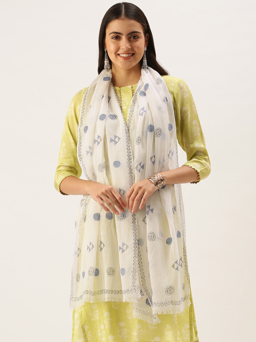 

ASVA Women White & Blue Printed Pure Cotton Stole