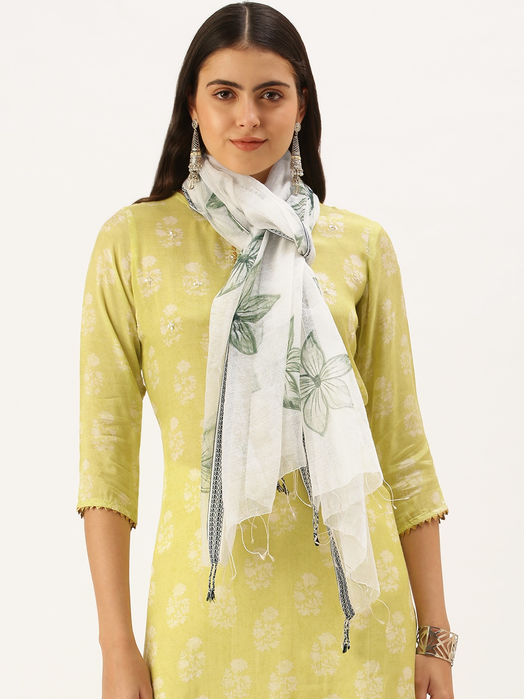 

ASVA Women White & Green Printed Stole