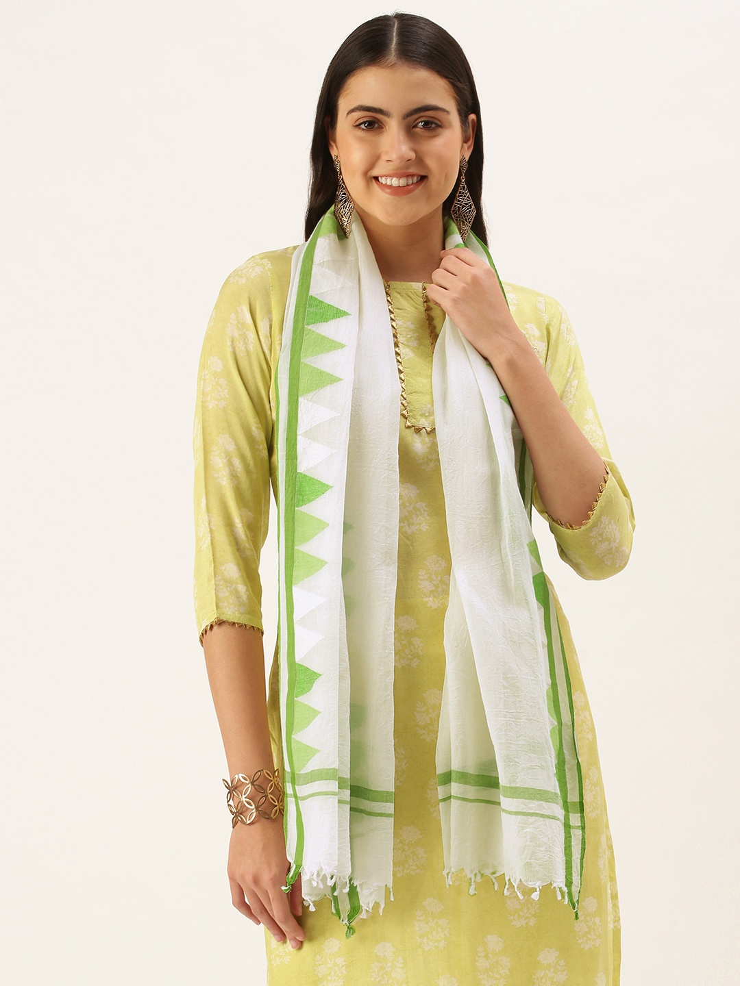 

ASVA Women White & Green Pure Cotton Printed Scarf