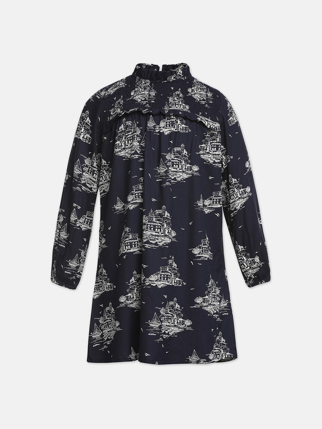 

Oxolloxo Navy Blue Floral Crepe Shirt Mini Dress