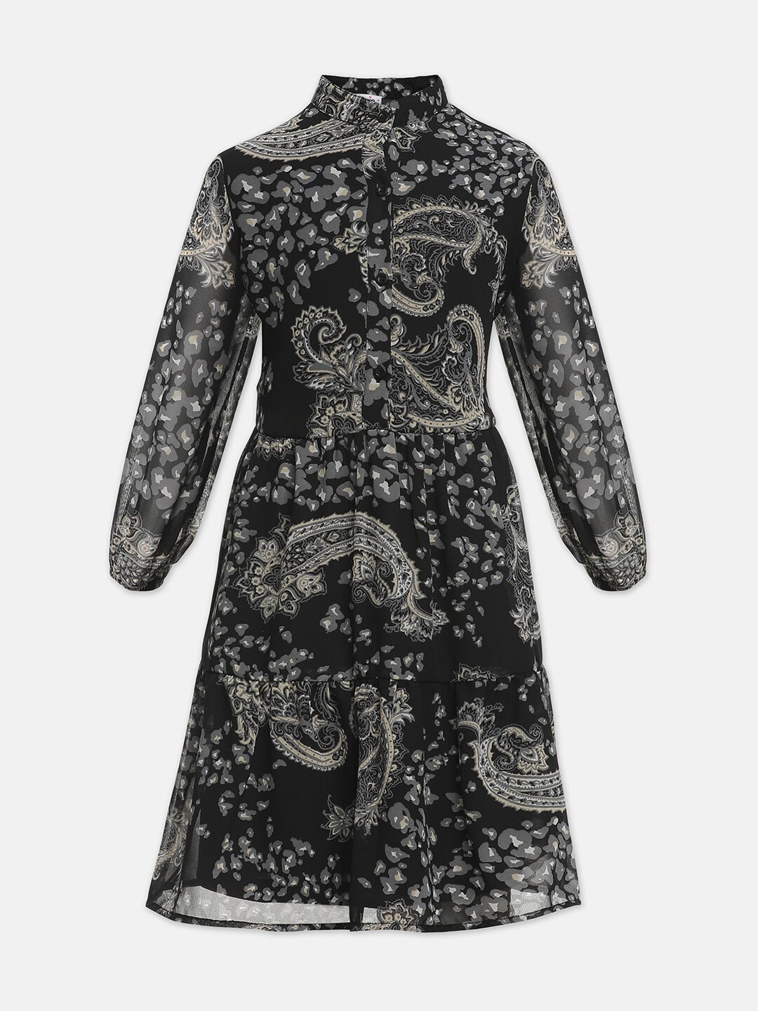 

Oxolloxo Black & Grey Ethnic Motifs Satin Shirt Dress